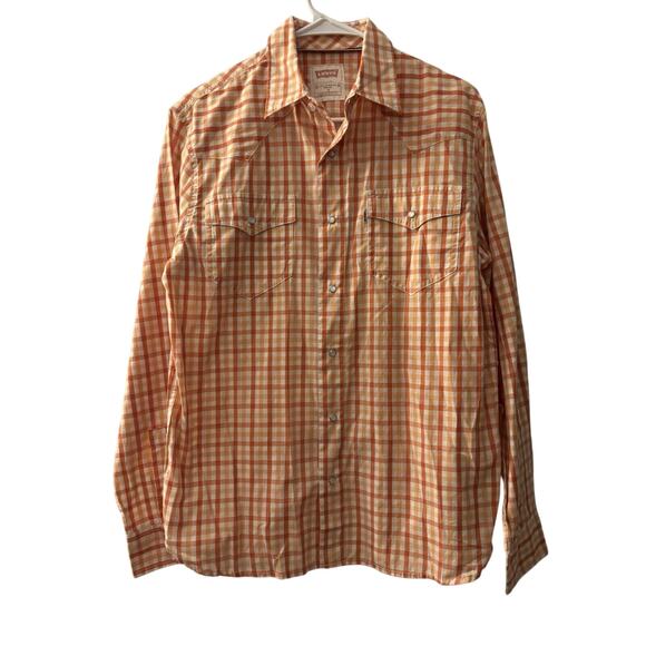Levi’s Shirt Men's Small Orange Plaid Pearl Snap Long Sleeve‎ Western Modern Fit - Picture 1 of 8